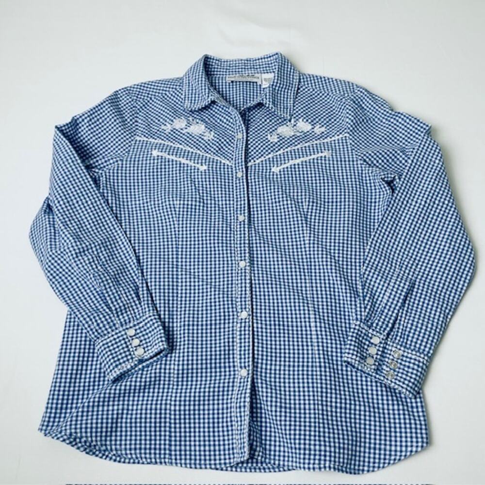 Gingham Western Shirt Embroidered Roses Snap Front M Cowgirl Prairie Cottagecore
